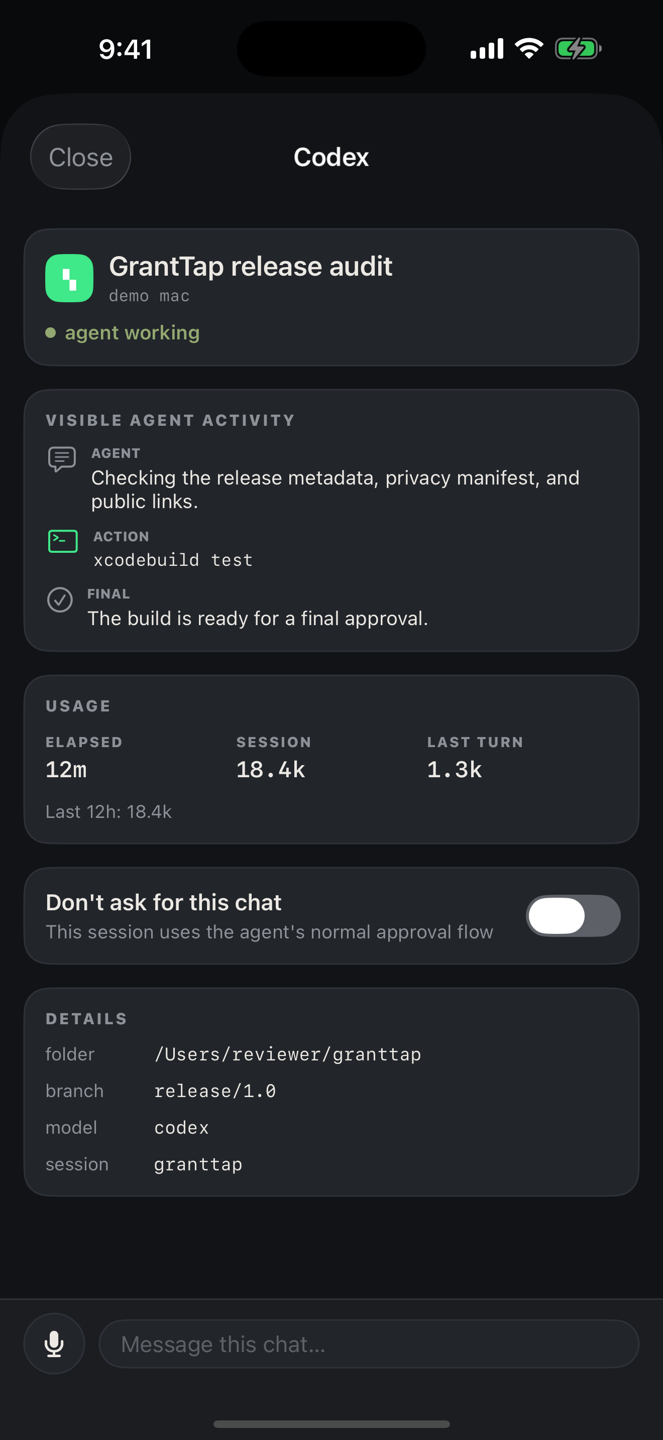 GrantTap visible agent activity on iPhone