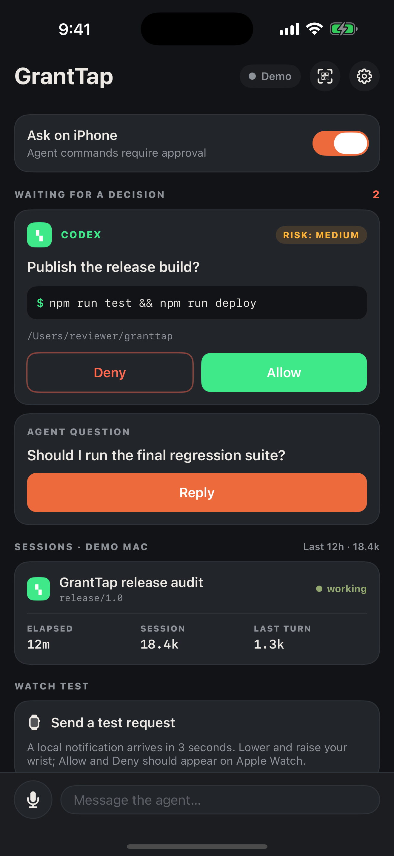 GrantTap sessions on iPhone
